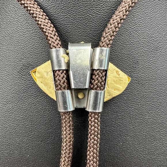 Vtg Unisex Bolo Tie Gold Tone Marbled Pendant Brown Braided Cord Adjustable Boho - Picture 6 of 9
